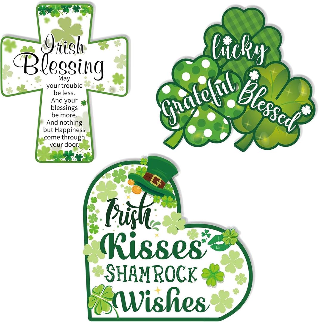 3 x HOWAF 3pcs St. Patrick's Day Table Sign, Irish Shamrock Wood Table Decorations, Heart Shape St. Religious Patrick's Day Wooden Blocks for Tiered Tray Decor, Farmhouse Clover Cross Centerpieces