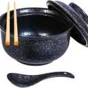Ceramic Ramen Bowl Set, 800ml, with Lid, Spoon and Chopsticks, Japanese Vintage Large Soup Bowls Instant Noodle Bowl Asian Tableware (Black*1)