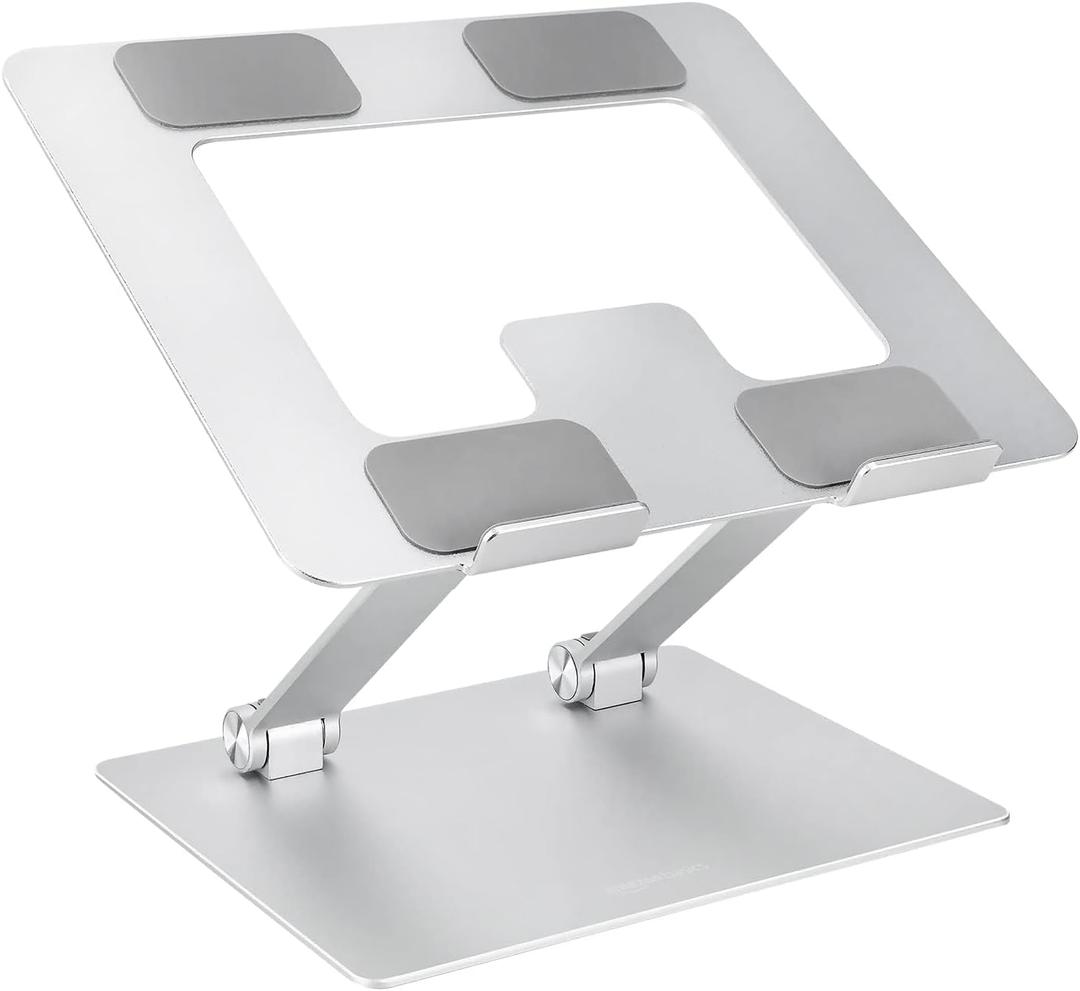 Amazon Basics Sturdy and Portable Ergonomic Laptop Stand for Desk, Height Adjustable Riser with Ventilated Cooling, Foldable, Fits all Laptops up to 15.6 Inch, Silver (10 x 8.7 x 6 in)