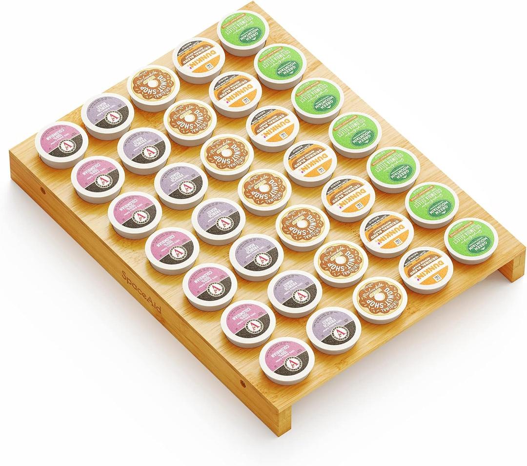 SpaceAid Bamboo K Cup Drawer Organizer Insert, Kitchen K Cups Coffee Pod Holder Tray Organizers for Kcup Coffee Station Drawer Storage Organization (35 Slots)