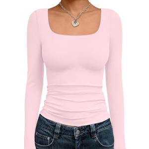 Trendy Queen Womens Square Neck Long Sleeve Shirts Double Lined Slim Fit Tops Y2K Going Out Basic Tees (Pink, M)