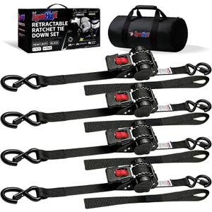 Retractable Ratchet Straps1In x 13Ft - Heavy Duty Auto Slow Retraction Tie Down Straps - 1,800lb Break Strength Self Retracting for Truck, Cargo Trailer, Motorcycle, ATV, UTV - Black, 4Pack
