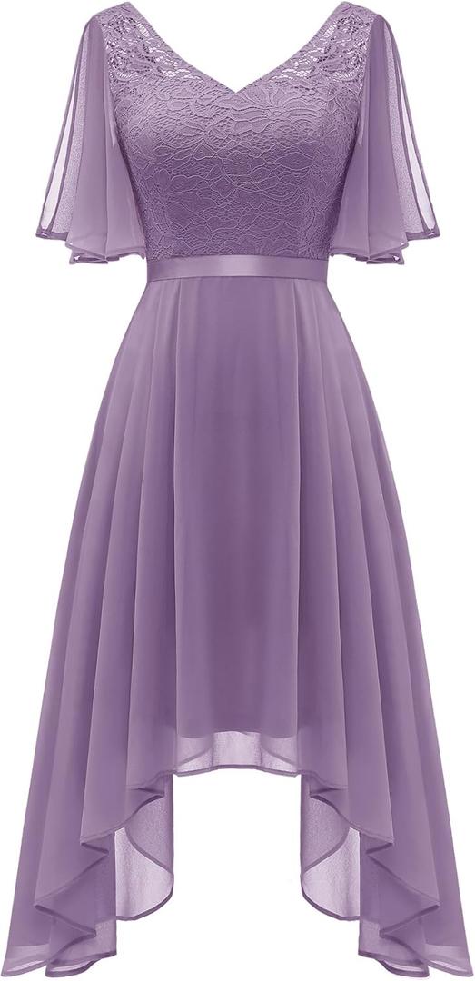 BeryLove Cocktail Formal Party Dress Bridesmaid Wedding Guest A Line Lace Elegant Flowy Prom Dresses (Purple, L)