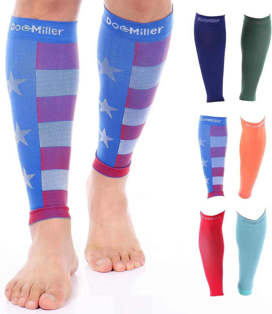Doc Miller Calf Compression Sleeve - 1 Pair 20-30mmHg Strong Footless Support Socks for Travel Restless Legs Maternity Recovery Shin Splints Varicose Veins for Men & Women (Flag, Large)