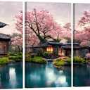 LSIUHWUWI Japanese Decor Cherry Blossom, Sakura, with Water Lake and Japonese Houses Wall art Japanese Painting Room Decor Canvas Poster Artwork Home Decor 20x40inchx3