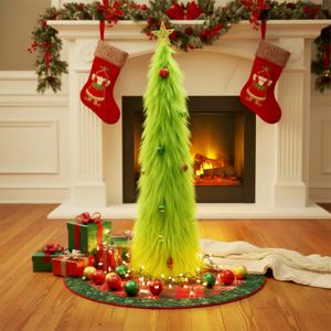 3 ft Lime Green Furry Christmas Tree Decoration Artificial Whimsical Mini Christmas Tree and Star Topper and Ball Ornaments Small Tabletop Decor for Xmas Living Room Table Decoration