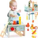 Asweets Kids Tool Bench,32 PCS Wooden Toddler Tool Set with Box,Montessori Toys STEM Educational Pretend Play Construction Toy Best Birthday Gift for 3 4 5 6 Year Old Boys Girls (Blue)