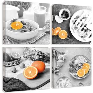 Kitchen Canvas Wall Art Black and White Food Prints Fruit Oranges Art Painting Pictures Abstract Still Life Artwork 4 Panels Framed Pictures