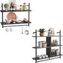 Bestier Floating Shelving Kitchen Wall-Mounted Shelf with 8 Hooks Coffee Bar Shelves Wine Hanging Display Rack Bookshelf Living Room Decor Bathroom-Charcoal Black
