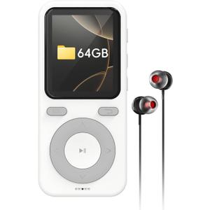64GB MP3 Player with Bluetooth,Portable HiFi Lossless Sound Bluetooth MP3 Player with Speaker,Voice Recorder,Shuffle for Sport,Hiking,Running,Micro SD Card up to 128GB(Earbuds Included) (white)