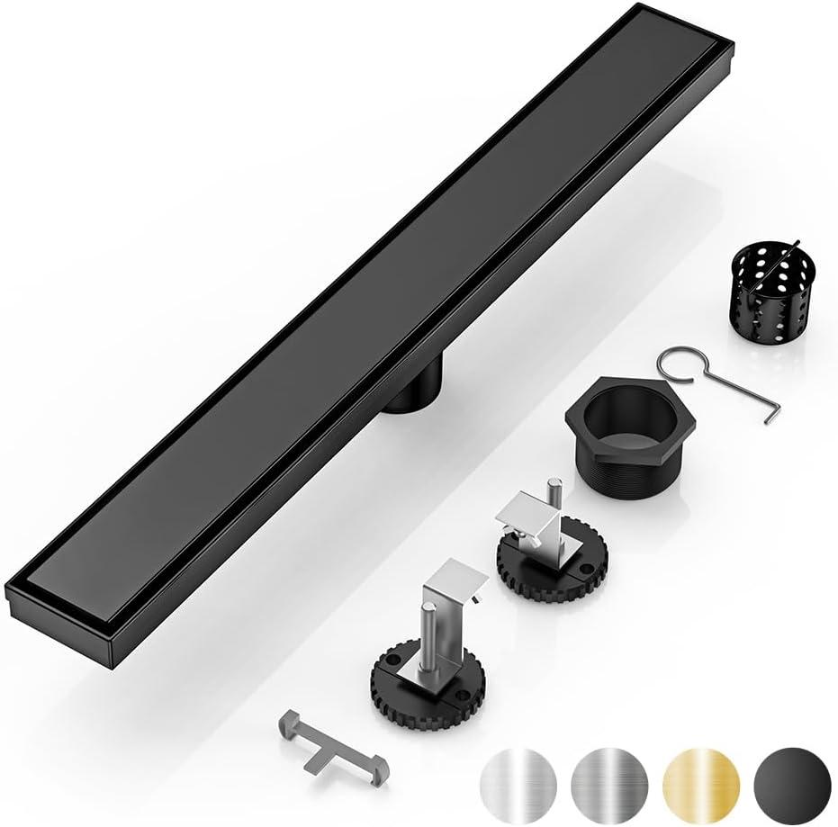 DLONE Linear Shower Drain | 24" AISI 304 Stainless Steel Shower Drain, Black Linear Drain with 2-in-1 Tile Insert Panel & Adjustable Feet, Long Rectangle Shower Floor Drain in Bathroom, Balcony, etc