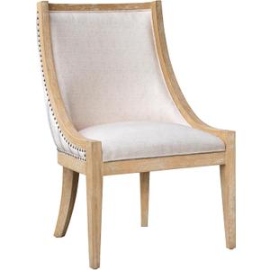Martha Stewart Farmhouse Dining Chair, Recessed Armchair for Bedrooms, Nailhead Trim, Solid Wood Legs, Upholstered Reading Accent Chairs for Living Room, Kitchen Side Chair, Elmcrest Beige Stripe