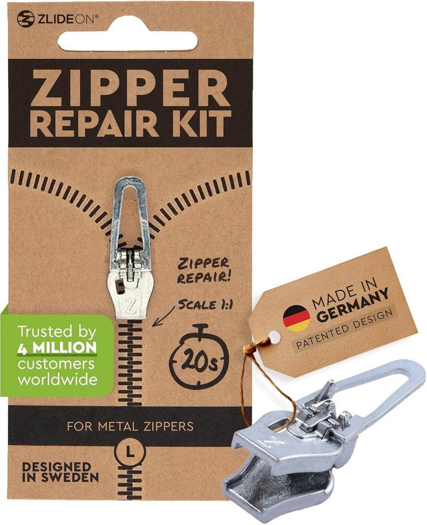 ZlideOn Zipper Pull Replacement - Silver, Normal (L) - Instant Zipper Replacement Slider for Metal Zippers 