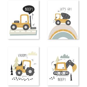 2 x PUHEI Construction Truck Boys Room Wall Art Prints Set of 4, Construction Wall Posters Decor for Toddler Boy Room Nursery Playroom, Digger Little Boy Room Poster Prints (8 x 10 Inches Unframed)