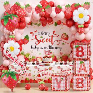114Pcs Strawberry Baby Shower Decorations Balloons Boxes Kit, Berry Sweet Shortcake Baby Shower Balloon Arch Baby Boxes Backdrop Banner Tablecloth Cupcake Topper Mom to Be Sash Kit