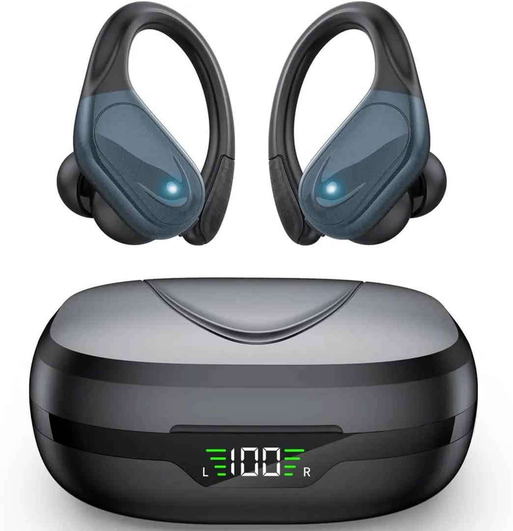 TWS BX 17 Bluetooth 5.3 Wireless Earbuds 48hour Playtime HiFi Headphones Over-Ear Headset Sports IPX7 Waterproof Built-in Microphone Digital Power LED Display Powerful Stereo Bass Earphone (Black)