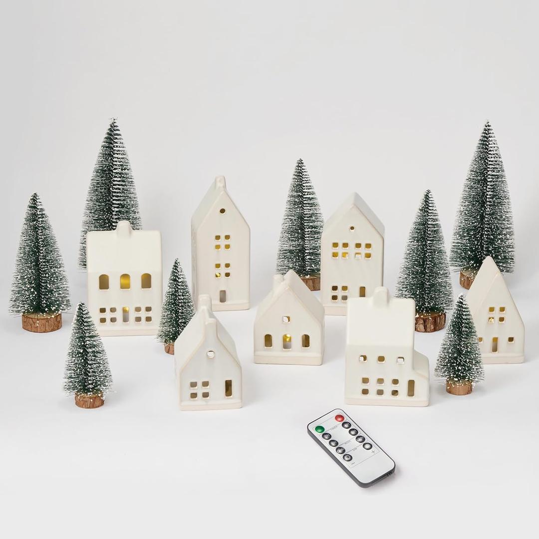 Christmas Village Set - Ceramic Houses, Remote LED Tea Lights, Trees