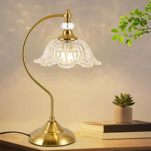 sunkryster Table Lamp for Bedroom,Crystal Glass Beside Lamp,Plug in Dimmable Black Lamp Flower Nightstand Lamp for Living Room, Office, Desk, Home Decor