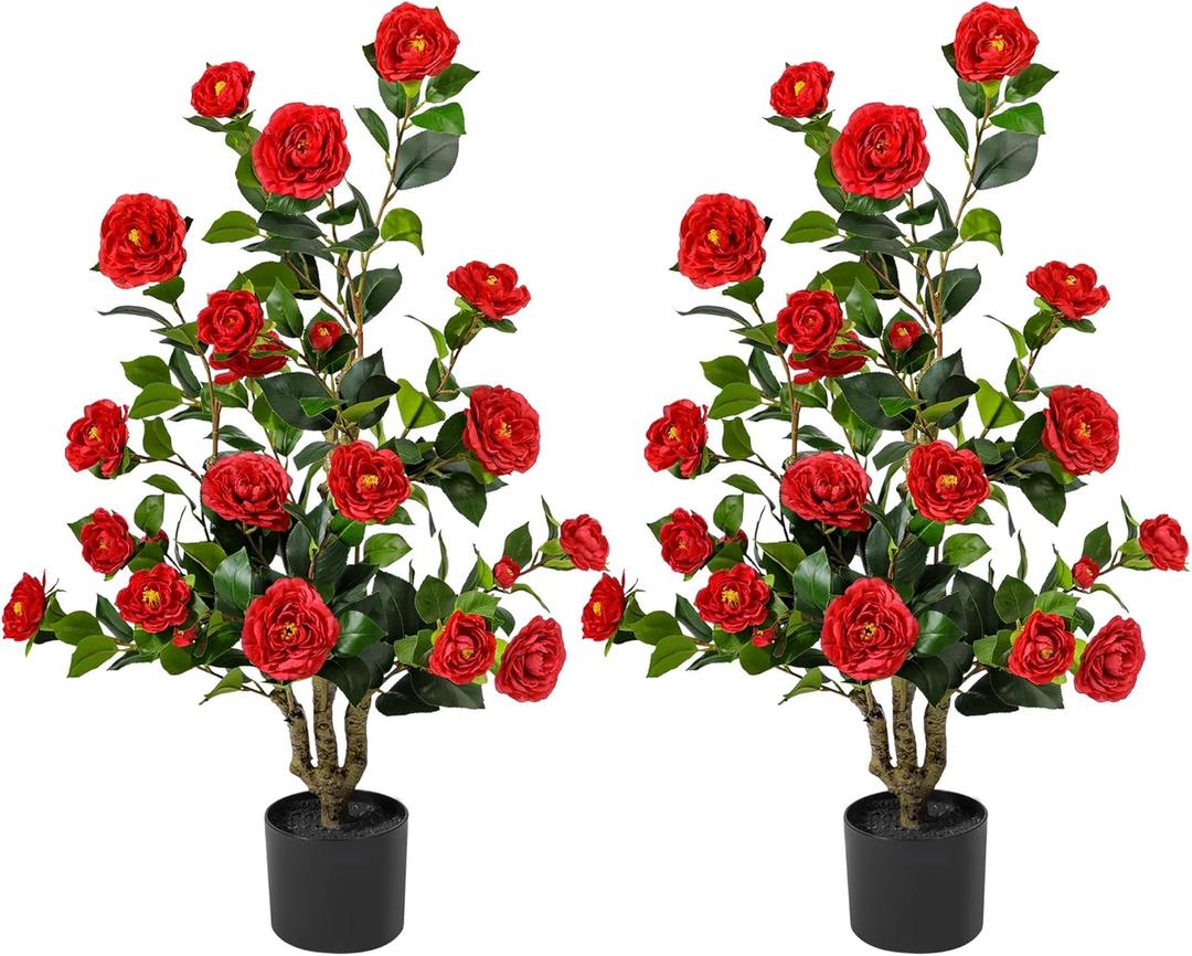 Artificial Camellia Tree 3.3 FT 2 Pack, Christmas Decor Fake Camellia Plant with Blooming Flowers&Natural Wood Trunk, Greenery Faux Potted Plant for Home Office Winter Indoor (Red, 3.3FT)