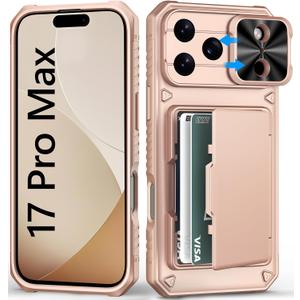 for iPhone 17 Pro Max Phone Case Wallet, Card Holder (4-5 Cards), Slide Camera Cover, Military Grade Protection, Rugged Hard Women Girly Men Protective Case for iPhone17 Pro Max 6.9", Rose Gold