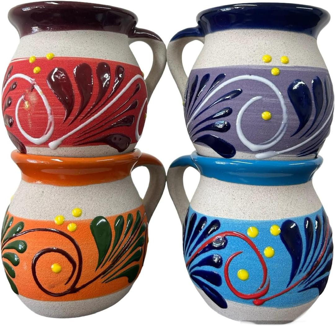 FFX Artesania Mexican Terracotta Coffee Mugs Clay Cups Tazas Para Cafe de Barro Artisan Made EACH MUG UNIQUE Hand Painted Terracotta Cocktail Glasses Tea Decor, Pack of 4