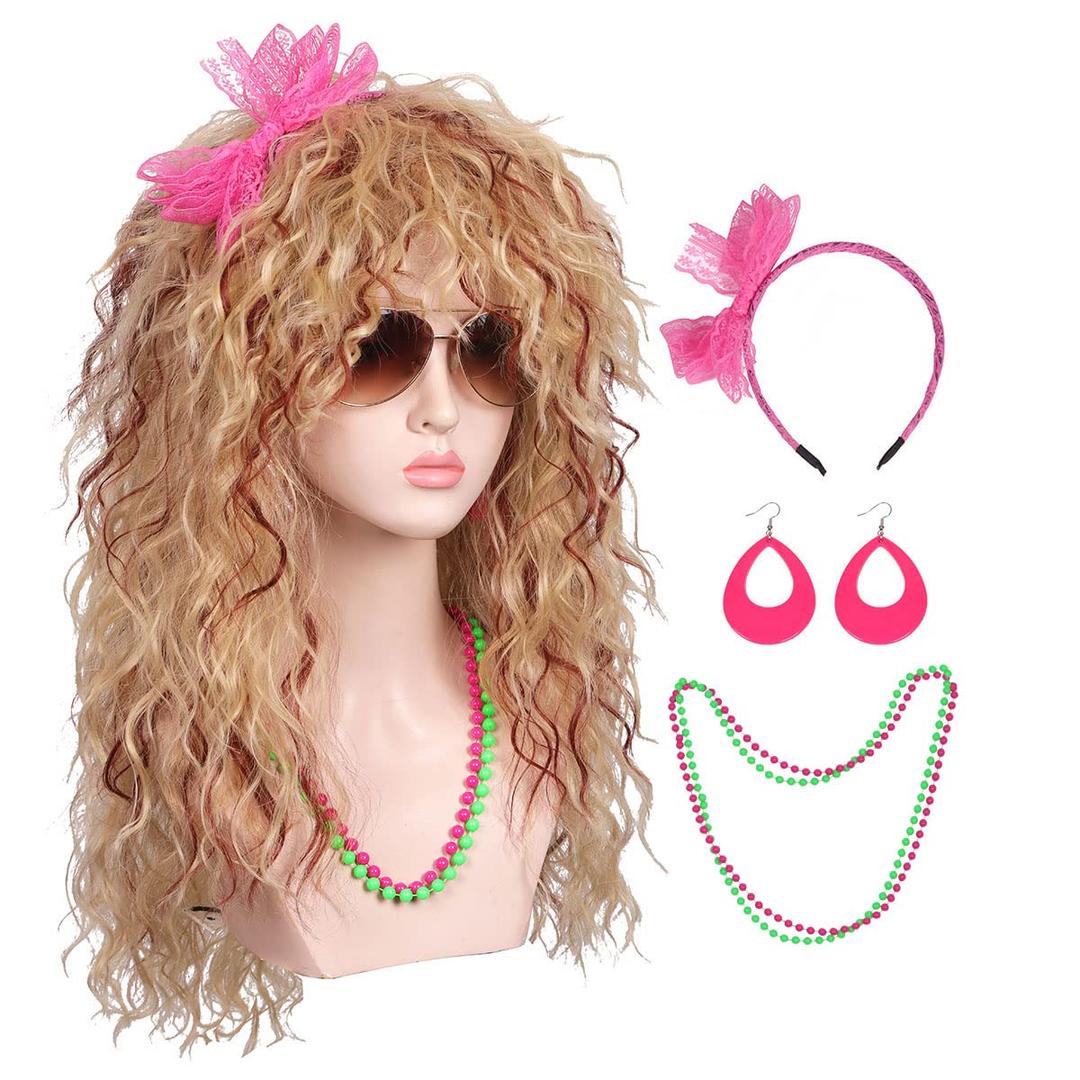 Women Long Curly 80s Blonde with Reddish Brown Cosplay Wig with Lace Headband Earrings and Necklace for Halloween