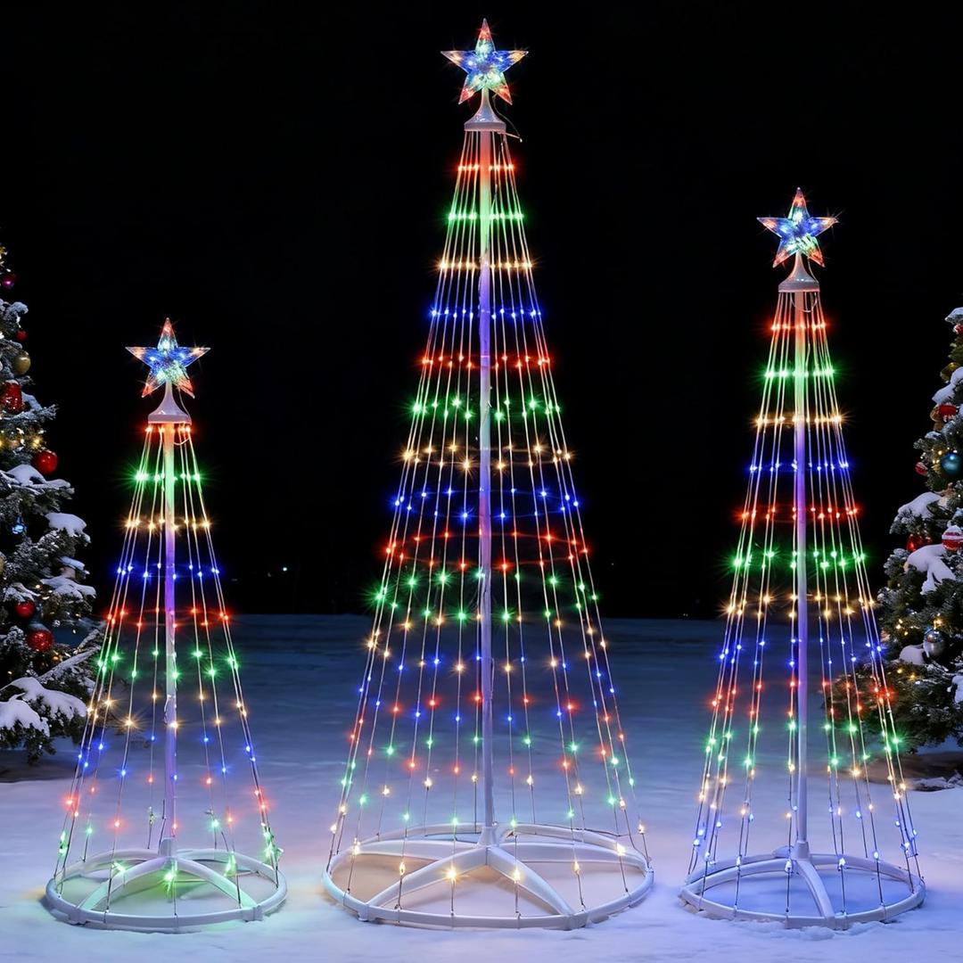 JOYIN 3 Pack LED Christmas Cone Tree Lights, 4FT 5FT 6FT Outdoor Lighted Tree with 8 Lighting Modes & Star Topper, Christmas Decorations for Yard Porch Patio Garden Holiday Decor, Multicolor