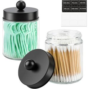 2 Pack Glass Apothecary Jars with Lids for Bathroom, Cute Qtip Holder, Black Bathroom Accessories Set, Small Bathroom Canisters with Lids for Q-Tips, Cotton Swabs, Black Bathhouses Decor