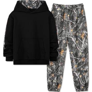 Boys Clothes 2Pcs Long Sleeve Patchwork Graphic Print Hoodie Sweatshirt Leaf Print Camouflage Sweatpants Boy Sweatsuit (13-14 Years, Black)
