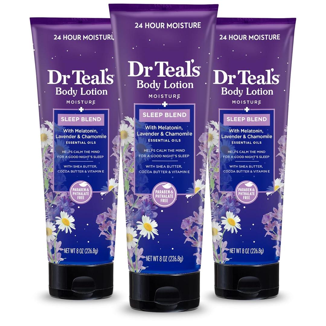 Dr Teal's Sleep Body Lotion, 24-Hour Moisture, with Melatonin, Lavender & Chamomile Essential Oils, 8 fl oz (Pack of 3)