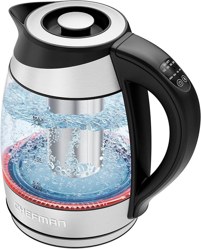Chefman Electric Kettle with Temperature Control, 5 Presets LED Indicator Lights, Removable Tea Infuser, Glass Tea Kettle & Hot Water Boiler, 360° Swivel Base, BPA Free, Stainless Steel, 1.8 Liters