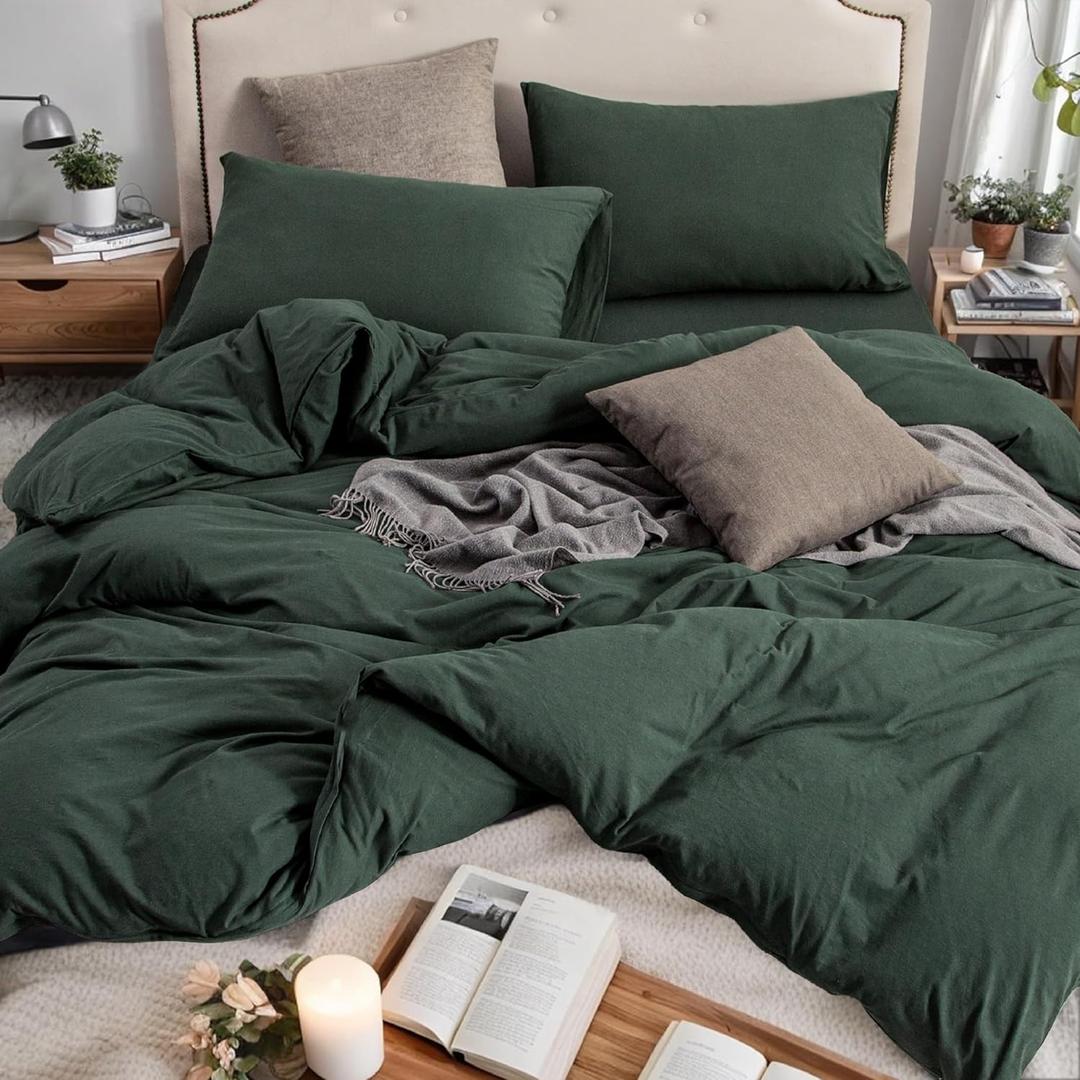 PURE ERA Jersey Knit Duvet Cover Set 100% T-Shirt Cotton Super Soft Comfy 3pc Bedding Set with Zipper Closure (Solid Forest Green, Queen, 90"X90")