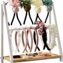 Headband Holder Organizer Metal 2-Tier Display Stand for Selling, Home Bedroom Headband Storage for Girls Women, Headband Stand Wood Base Can Store Hair Ties, White