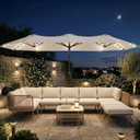 15FT Large Outdoor Patio Umbrella with Solar Lights and Base, Double-Sided Table Umbrellas with 48 LED Lights, Rectangle Market Umbrella for Pool, Deck, Backyard