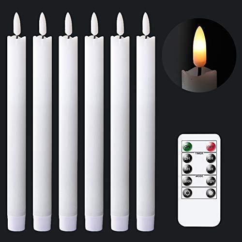 GenSwin Flameless White Taper Candles Flickering with 10-Key Remote, Battery Operated Led Warm 3D Wick Light Window Candles Real Wax Pack of 6, Christmas Home Wedding Decor(0.78 x 9.64 Inch)