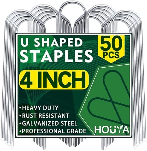 HOUYA 50 Pack Garden Stakes 4 Inch U-Shaped Drip Irrigation Stakes Galvanized Landscape Staples Garden Pins Ground Stakes for Soaker Hose Drip Line Tubing Yard Lawn Staples