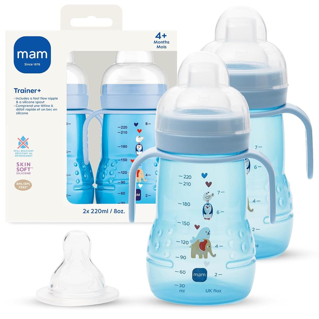 MAM 8 oz Trainer + Sippy Cup 2-Pack, 4+ Months 2-in-1 Baby Training Cup with Nipple & Silicone Spout, Spill Proof, BPA Free, Dishwasher Safe, Made In Europe