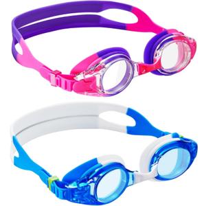 Aegend 2 Pack Kids Goggles, Swimming Goggles for Kids Age 4-16 Boys and Girls Youth, Anti-Fog Waterproof Anti-UV Pool Goggles (Pink Purple & Blue-white)