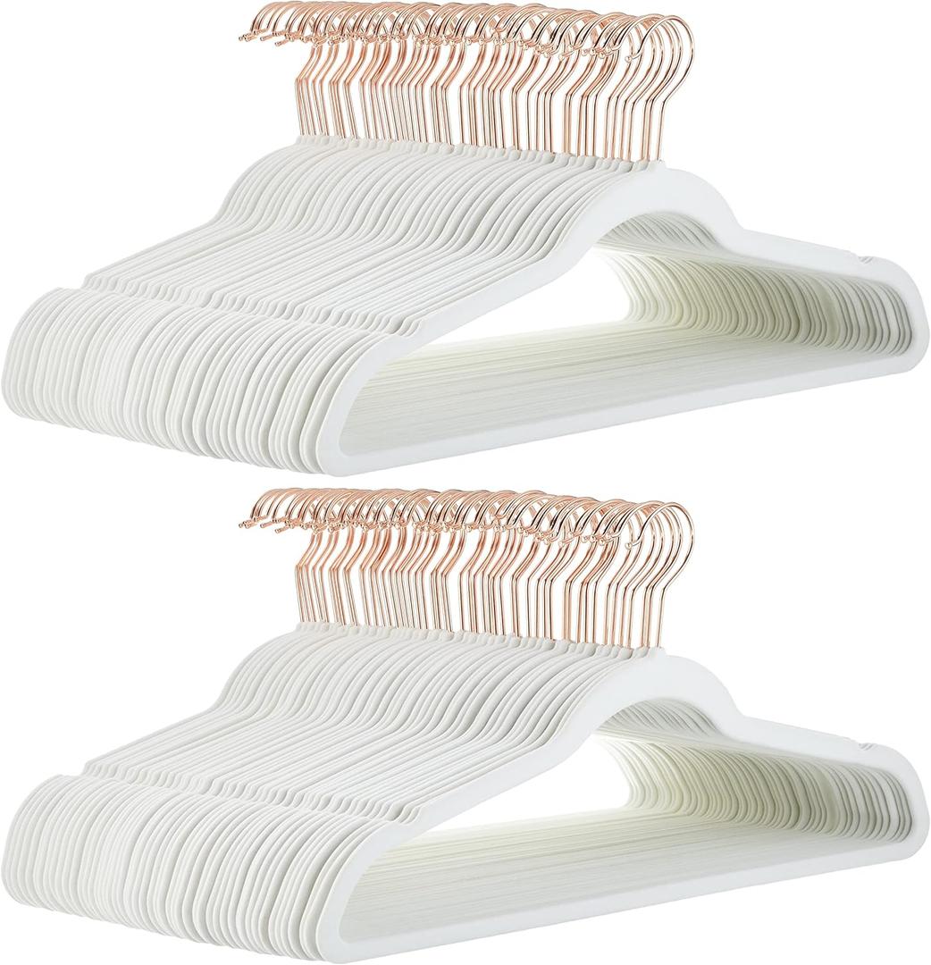 Amazon Basics Slim Velvet Non-Slip Space Saving Suit Clothes Hangers for Closet Organization, Ivory/Rose Gold, 100-Pack