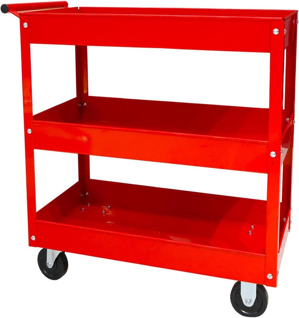 BIG RED Steel Rolling Service Tool Cart with 3 Tires , Heavy Duty Utility Cart on Wheels with Two Brake for Office Kitchenwarehouse,400 lbs Capacity, Red