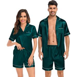 SWOMOG Couples Matching Pajamas Set Satin Short Sleeve Button Down Tops Silk Shorts Pj Lounge Set Soft Sleepwear (Green, M)
