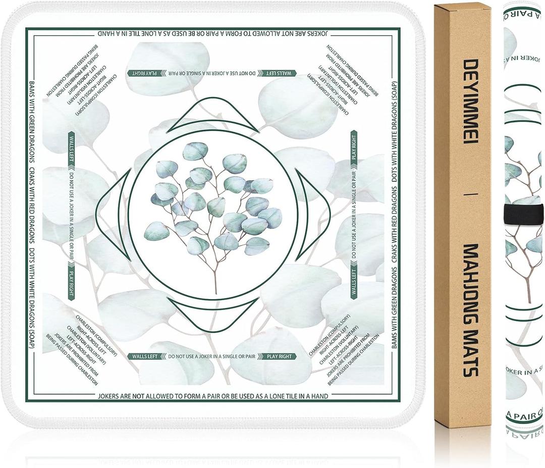 2 x Deyimmei Neoprene Mahjong Mat for Table 31.5"x31.5" - Non-Slip, Noise Reduction Cover with Storage Pockets, American Rules & Crease-Free Rolled Shipping (Eucalyptus Leaves)