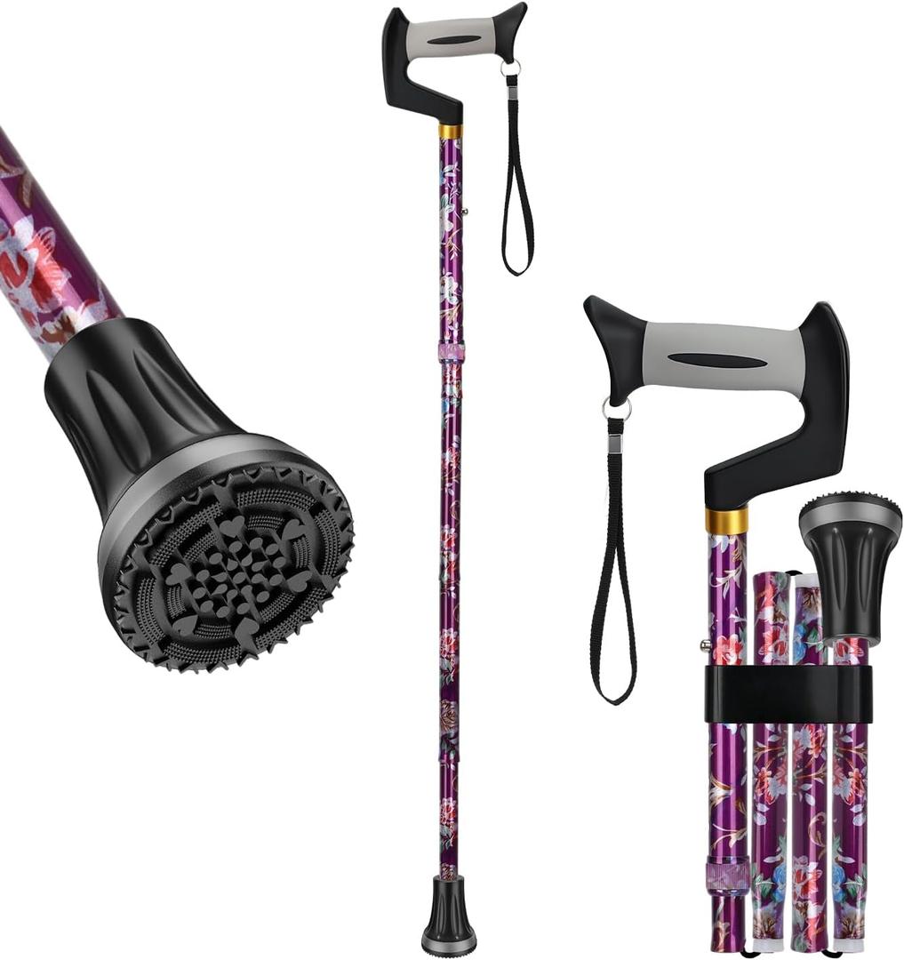 supregear Walking Cane - Foldable, Adjustable, Collapsible Offset Canes for Men and Women, Heavy Duty All Terrain Tip and Soft Ergonomic T-Handle Stick for Seniors and Adults