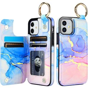 HAOPINSH for iPhone 12/12 pro Wallet Case with Card Holder, Pink Blue Marble Print Back Flip Folio PU Leather Kickstand Card Slots Case, Finger Grip Ring Double Magnetic Clasp Shockproof 6.1"