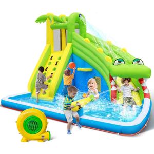 TOAOB Inflatable Water Slide：5 in 1 Crocodile Bounce House Water Park for Kids - Climbing Wall Splash Pool Water Cannon Basketball Rim - 480W Blower - for Indoor Outdoor Backyard Birthday Party