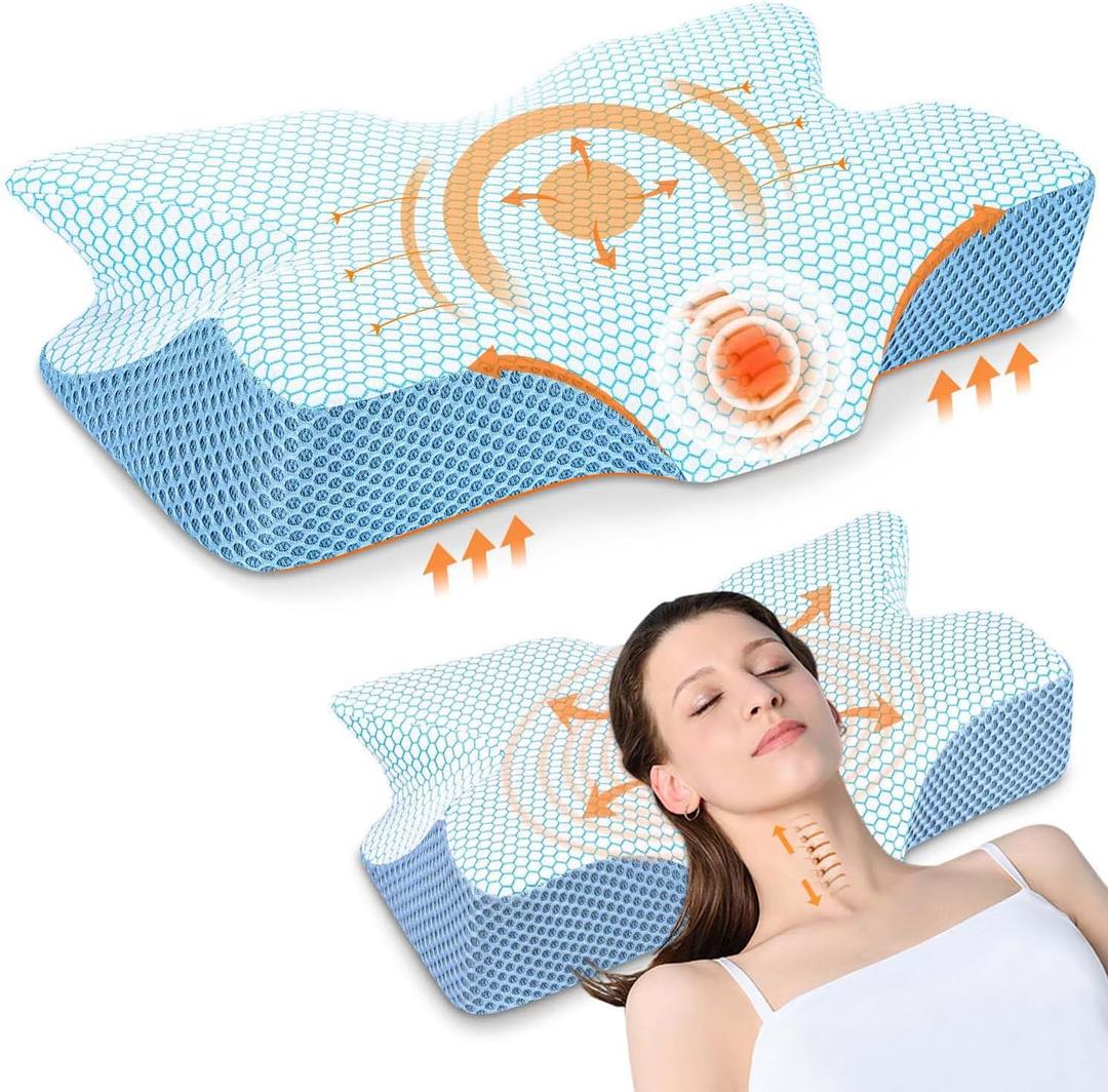 Anvo Cervical Neck Pillow for Neck and Shoulder Pain - Memory Foam Pillows for Pain Relief Sleeping, Contour Orthopedic for Side Back Stomach Sleeper, Blue Firm (FIRM - Queen(24" x 16" x 5.1"/4.7"))
