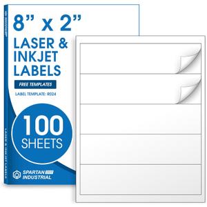 8" X 2" Matte White Printable Water Bottle Labels (100 Sheets, 500 Stickers) NOT Waterproof Bottle Wrap Around Stickers for Laser & Inkjet Printers - Spartan Industrial Template R024