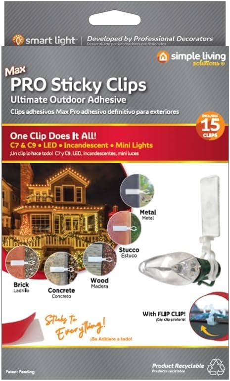 Simple Living Solutions Max Pro Anywhere Sticky Light Clips, Outdoor Adhesive Light Clips for Gutters, Siding & Surfaces, Works with C7, C9, LED & String Lights (15 Count)