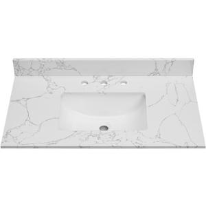36 Inch Engineered Stone Bathroom Vanity Sink Top, with Undermount Rectangular Middle Sink, Vanity Countertop with 8 inch Faucet Hole Spacing and Backsplash in Lightning White