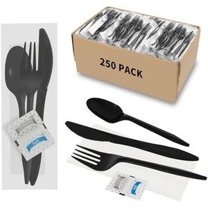 250Pack Plastic Cutlery Packets, Knife Fork Spoon Napkin Salt Pepper Sets, Individually Wrapped Black Plastic Cutlery Packets for Delivery, Cafeterias, Restaurants